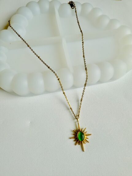 Sunburst Pendant Necklace with Green Stone