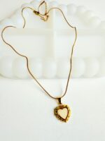 Vintage-Style Gold Heart Pendant Necklace with Enamel Center