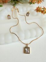 Elegant Gold-Plated Rectangle Pendant Necklace and Earrings Set with Clear Crystal
