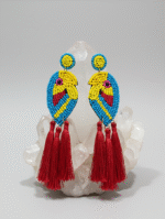 Colorful Parrot-Inspired Beaded Earrings with Red Tassels