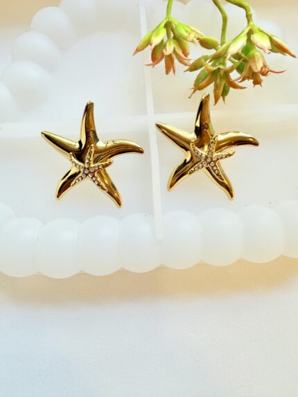 Golden Starfish Earrings with Crystal Detail