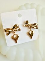 Gold Heart & Bow Drop Earrings
