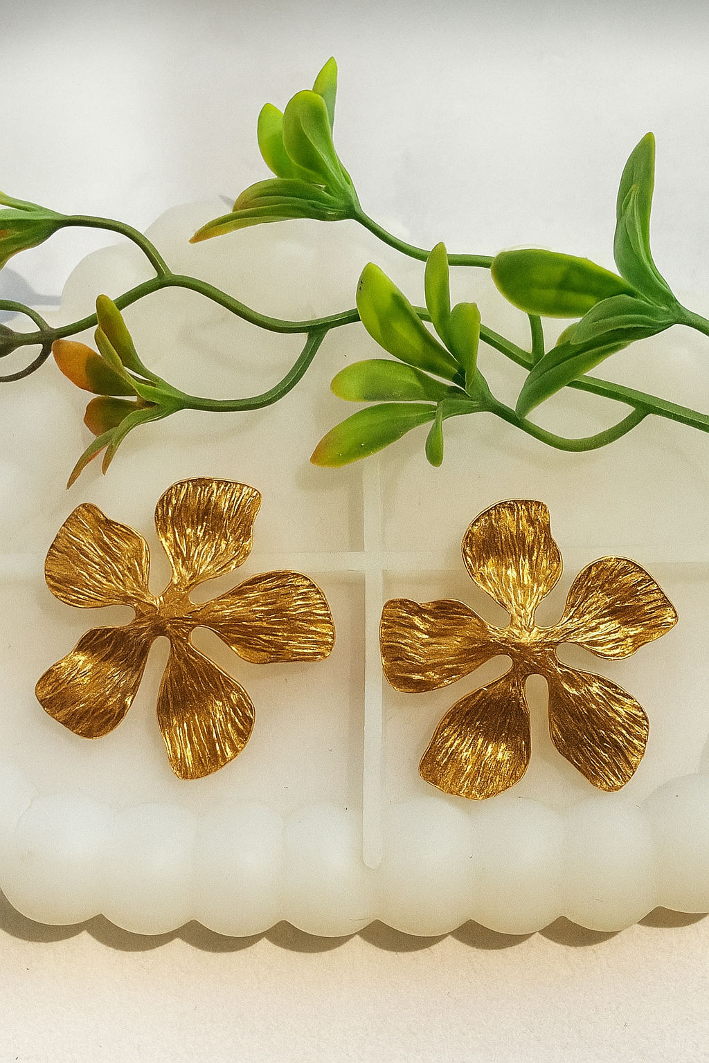 Ornesta-products-235 Golden Textured Petal Statement Earrings - Image 1