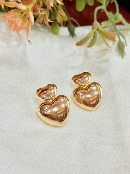 Double Heart Gold Drop Earrings