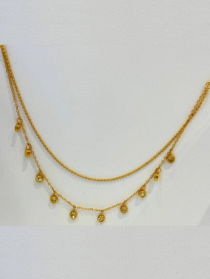 Delicate Dual-Layer Gold Necklace with Crystal Droplets